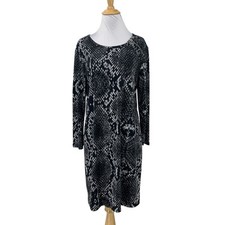 Michael Kors Dress Womens L Large Black Grey Snakeskin Print Long Sleeve Shift
