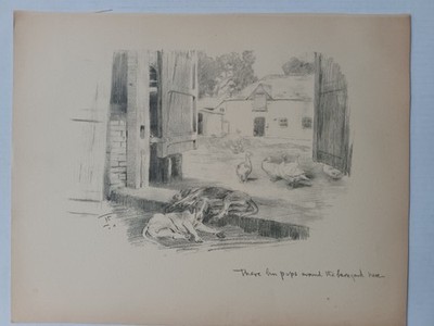 LIONEL EDWARDS SKETCH -FOXHOUND PUPS IN A FARMYARD WITH GEESE - VINTAGE 1931