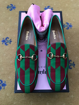 Gucci Jordaan Horsebit Garden Grün Stoff Schuhe Halbschuhe Herren UK 6 US 7 40 NEU