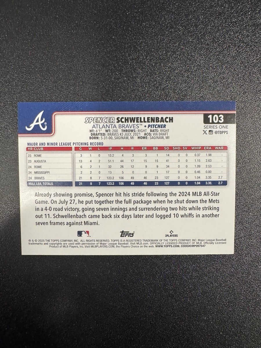 2025 Topps Series 1 - #103 Spencer Schwellenbach (RC) - Atlanta