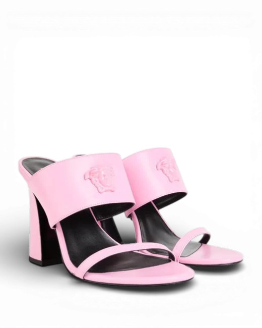 Versace Pink Leather Geometric Heel Slide Sandals Shoes Medusa 39 US 9 NIB thumbnail 2