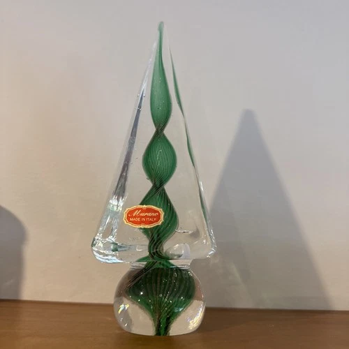 VTG Murano Glass Christmas Tree Figurine 9'' Tall Green Gold Polveri? Swirl XLNT
