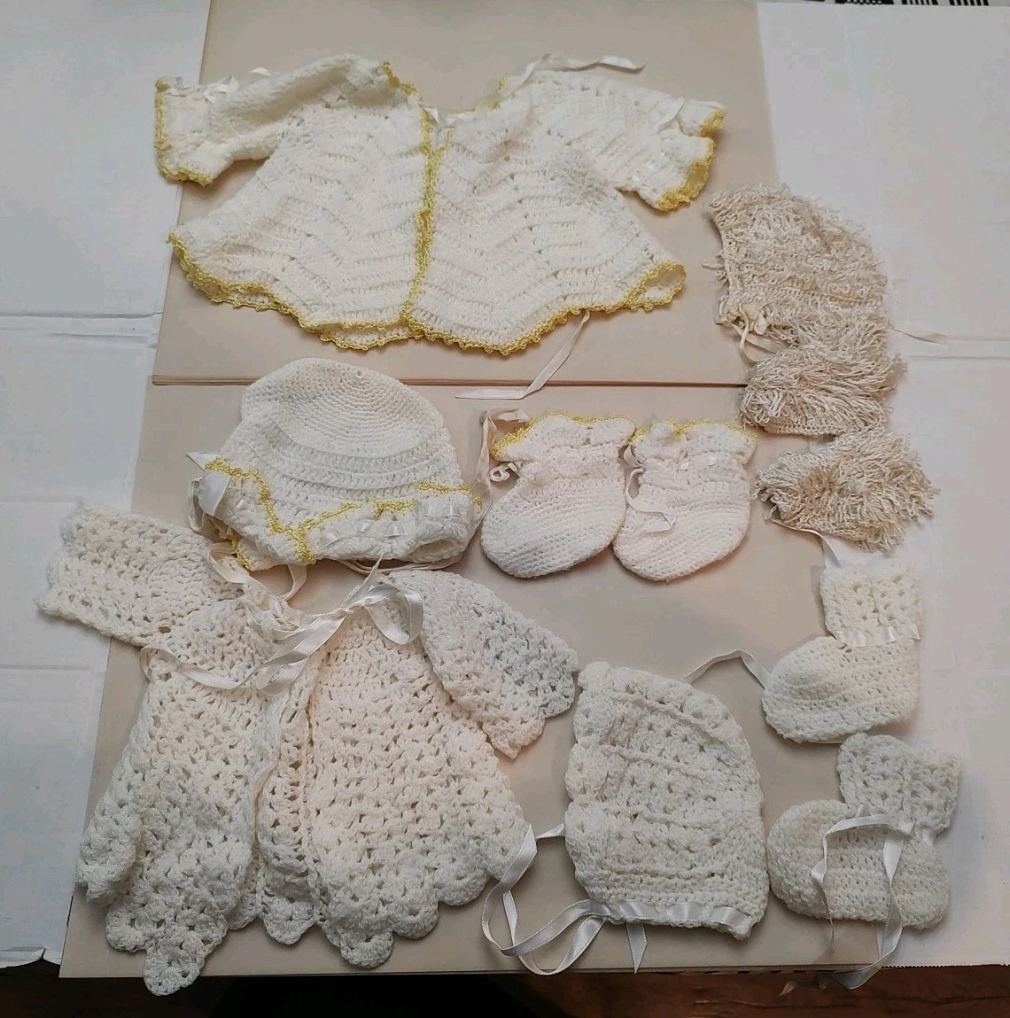 Lot Vtg Handmade Crochet Baby Clothes – Sweaters, Bonnets, Booties – Reborn Doll