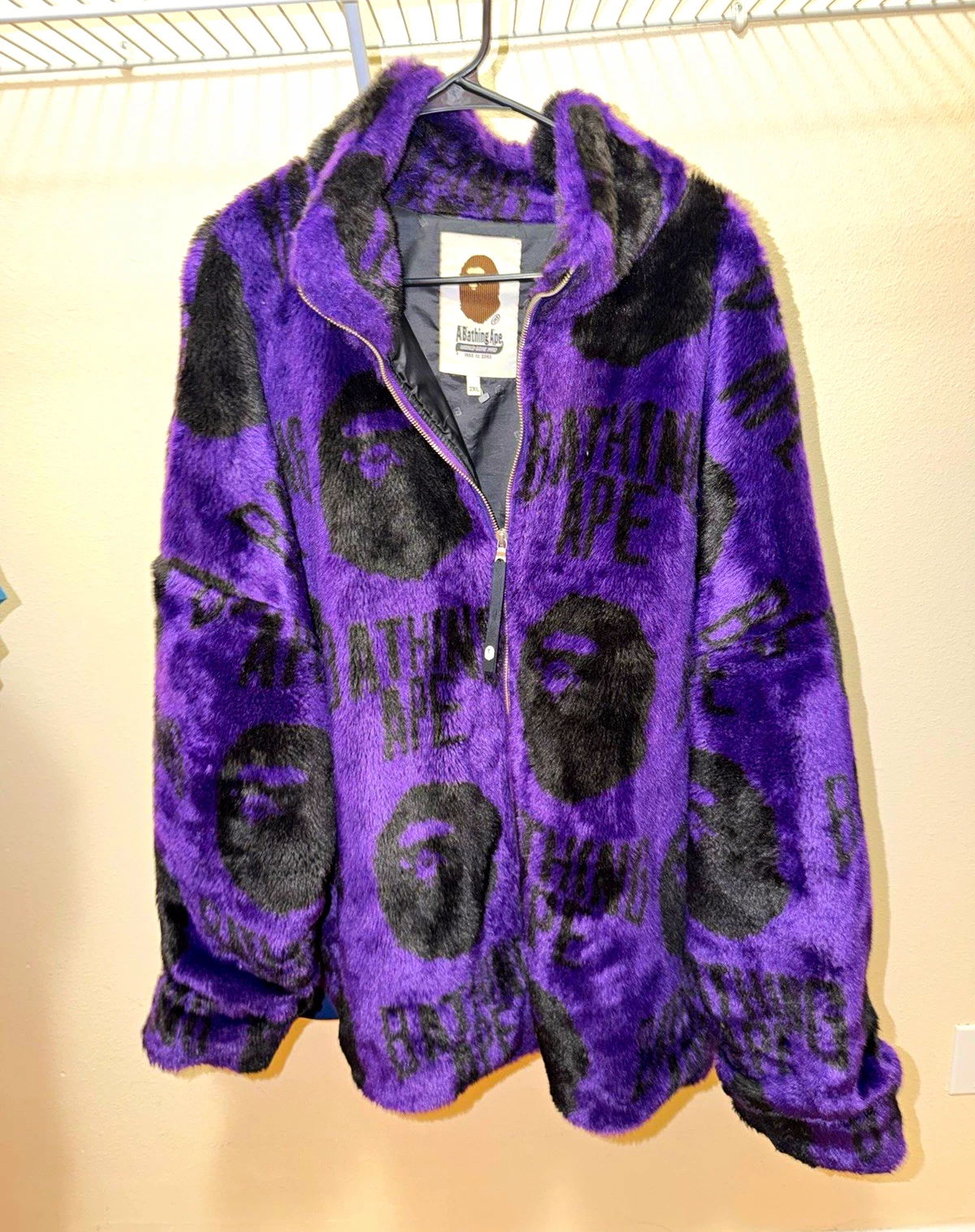 A Bathing Ape BAPE Men's Full Zip Faux Fur Jacket Purple/Black Graphic 2XL - product detail image 1