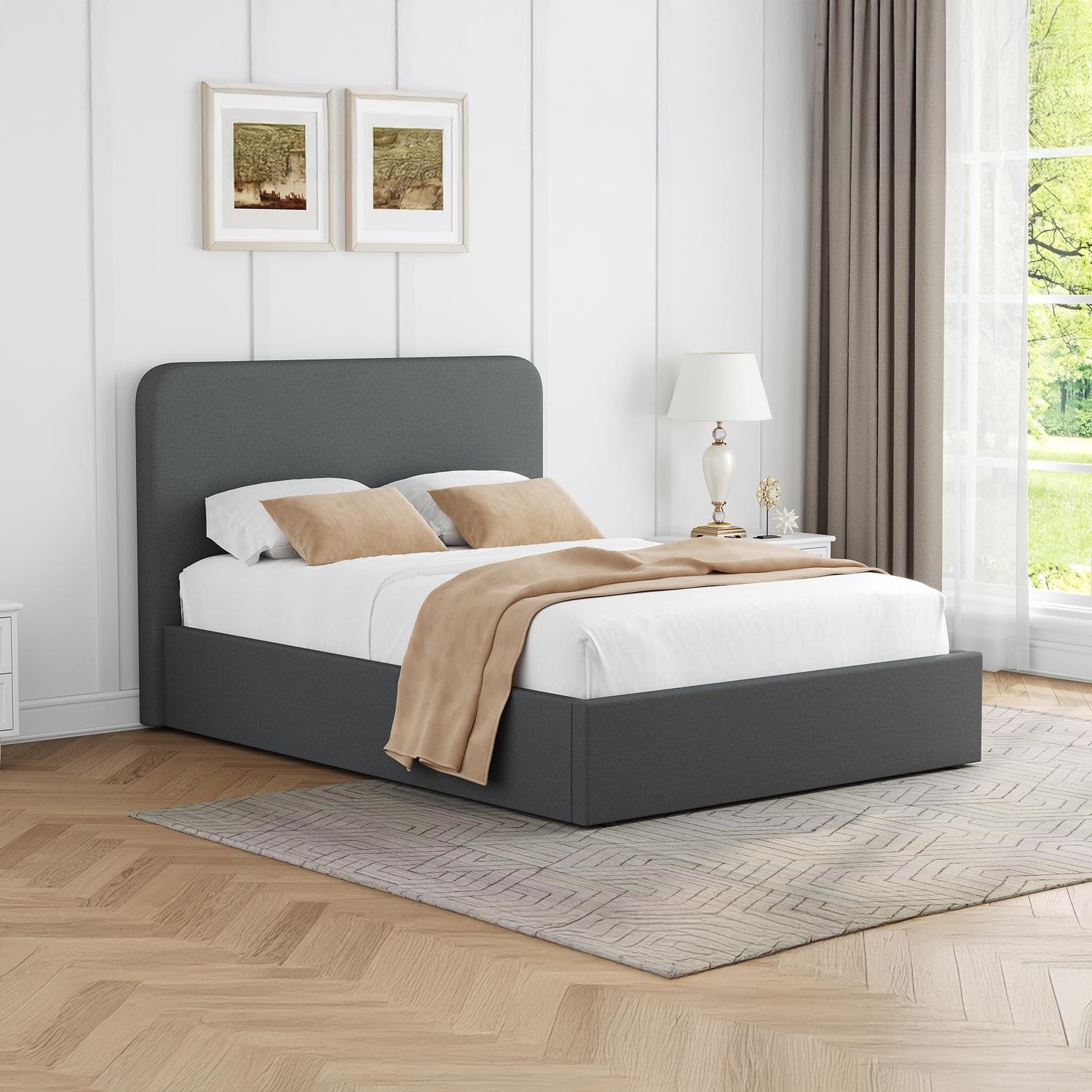 Grey Upholstered Small Double Ottoman Bed Frame Hydraulic Gas Lift Metal Frame