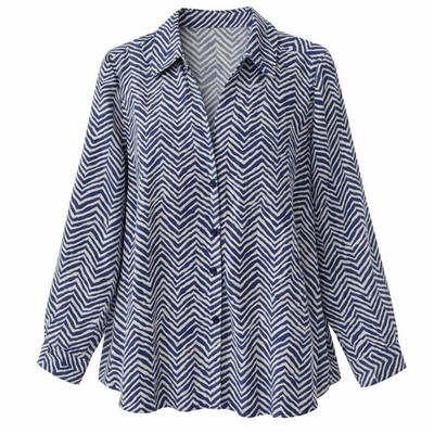 Susan Graver 1XP Button Down Shirt Blue White Zig Zag Print Long Sleeve Top