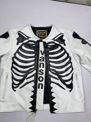 New Men's White Cowhide Leather Skeletone Bones Vanson Leathers Motobiker Jacket