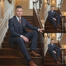 Denim Men's Suits Peak Lapel Jacket 3Pcs Blazer Casual Business Workwear Blazer
