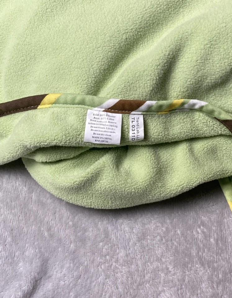 Trend Lab Framed Green Fleece Baby Blanket Brown Yellow White Striped Trim Lovey - Image 3 of 4