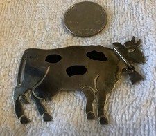Taxco Mexico 925 Sterling Silver & Enamel Cow with Bell Brooch / Pendant Moves