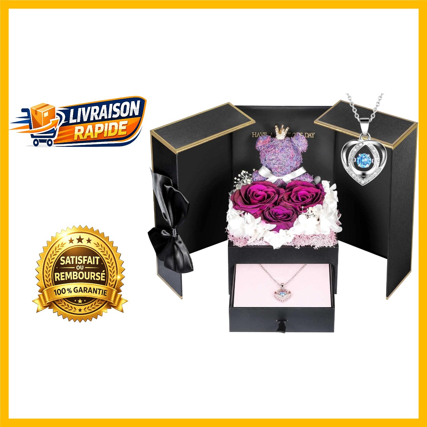 Rose Éternelle Violette et Collier Argent Sterling 925 de Haute Joaillerie
