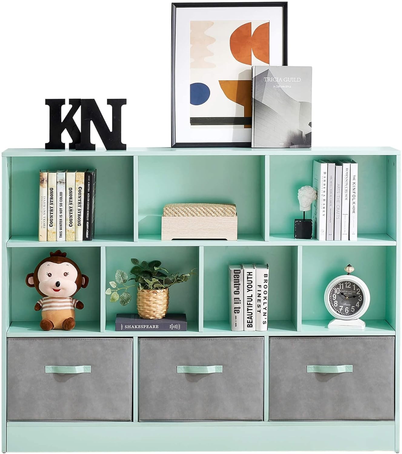 3-Tier Kids Bookcase with 10 Cubes and Green Fabric Drawers for Organized Storage