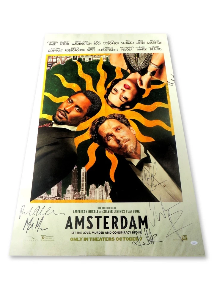 Póster autógrafo firmado por el elenco de Ámsterdam 27X40 De Niro Bale Robbie +3 JSA YY54944