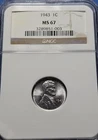 1943 P LINCOLN STEEL CENT NGC MS67 UNCIRCULATED WHEAT PENNY