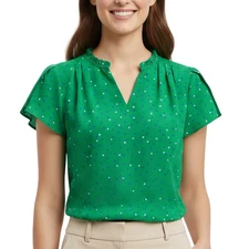 41 Hawthorn Tiffiny Tulip Sleeve Blouse V-Neck Green Polka Dot Top NWT XS Petite