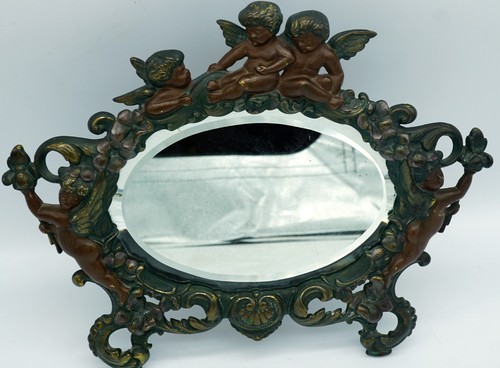 Art Nouveau Oval Iron Beveled Mirror Frame Easel Back with Angels and Cupids