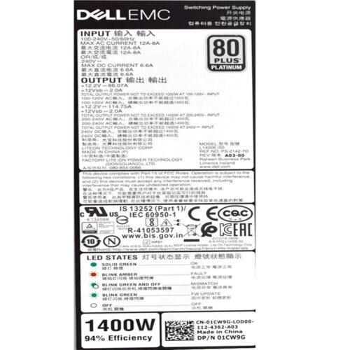 Dell EMC 01CW9G 1400W Switching Power Supply for PowerEdge R750 Server L1400E-S0 - Picture 2 of 3