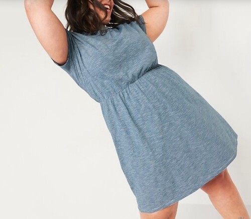 Old Navy Dress Women’s Sz.4X Shirt Waist Defined Slub Knit Blue Stripe NEW - Picture 7 of 7