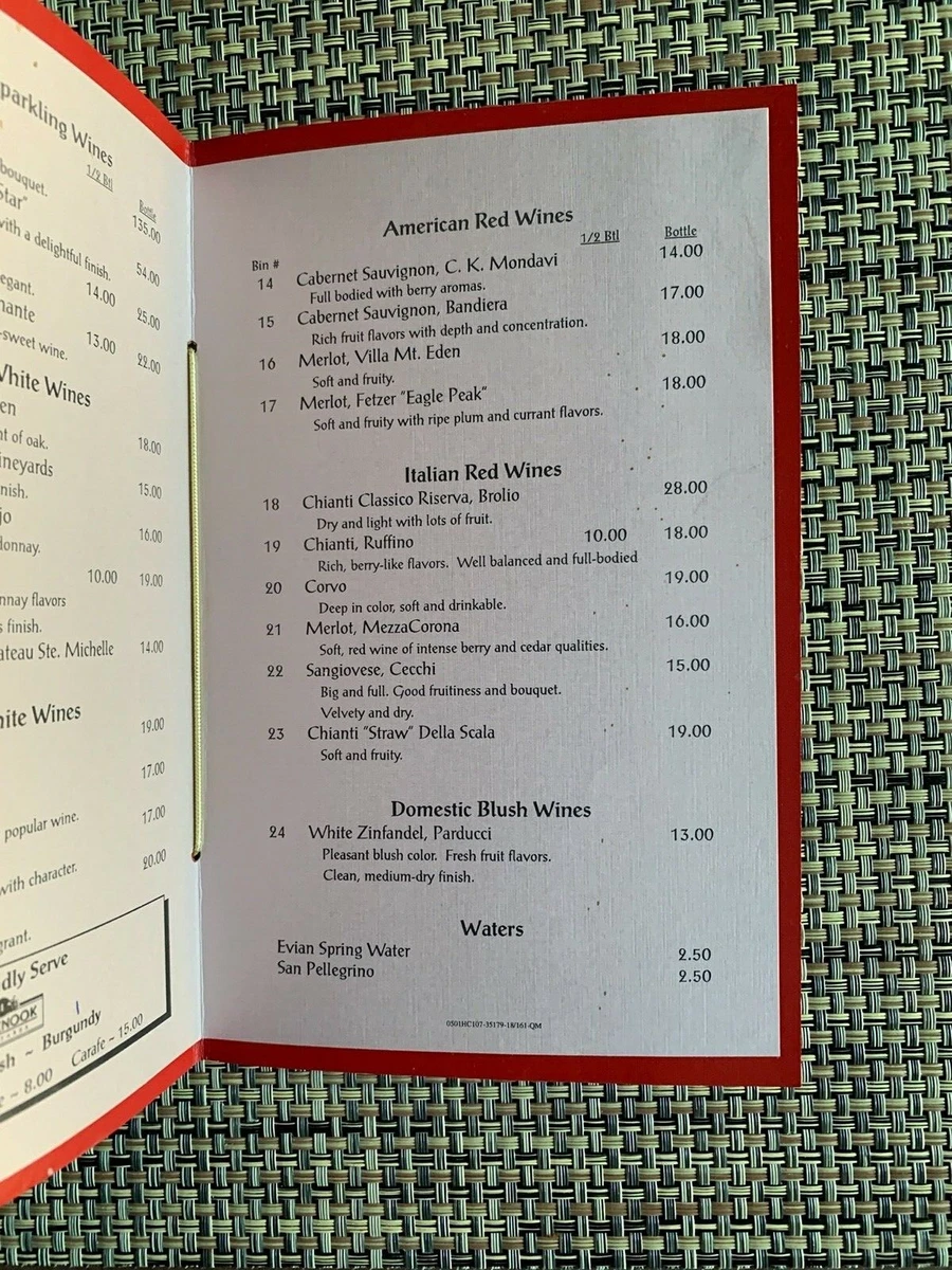 Vitello s Italian Restaurant Wine List Los Angeles Ca. Vintage