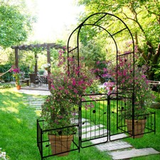Metal Garden Arch with Gate Climbing Plants Support Rose Arch Outdoor Black