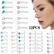 3/12Pcs 18G CZ Crystal Nose Studs Set Stainless Steel Nostril Piercing Jewelry