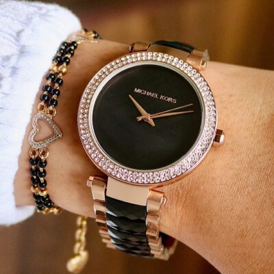 Michael Kors Black Bracelet Watch with Rose Gold Sparkle Dial and Crystal Bezel Michael Kors Jessa Womens Rose Gold Watch, Black Dial  main image 2