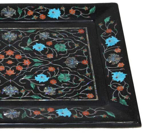 12"x9" Luxurious Black Marble Serving Trays For Dining Look Enhance Multi Stones - Picture 11 of 14