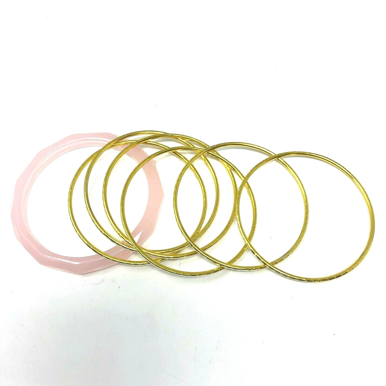 Avon Silver Gold Tone Pink Faceted Bangle Bracelet Set of 6 Small Size-image