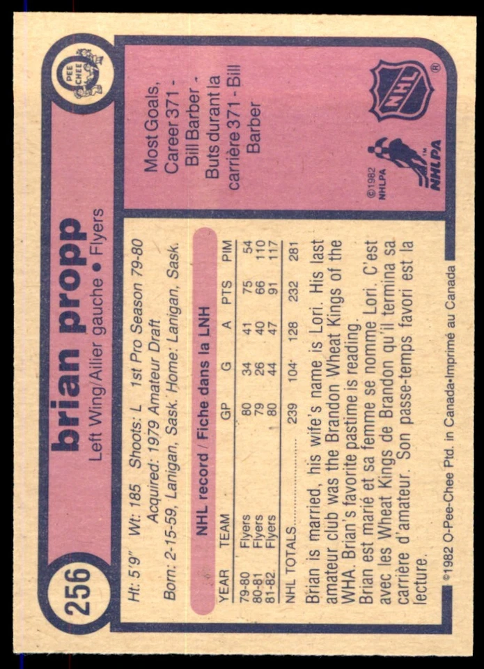 1982-83 O-Pee-Chee OPC Brian Propp #256 - Image 2 of 2