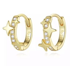 Small Star Hoop Earrings Sterling Silver 925 With Cubic Zirconia Gold Or Silver