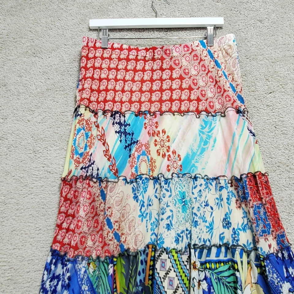 Maxi Falda Johnny Was Mujer M Multi Parche Floral Trabajo Boho Gitana Seda En Niveles Foto 3 de 4