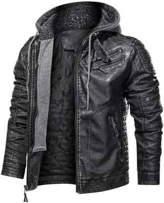 Mens Distressed Black Hoodie Motorcycle Biker Real Leather Jacket Removable Hood