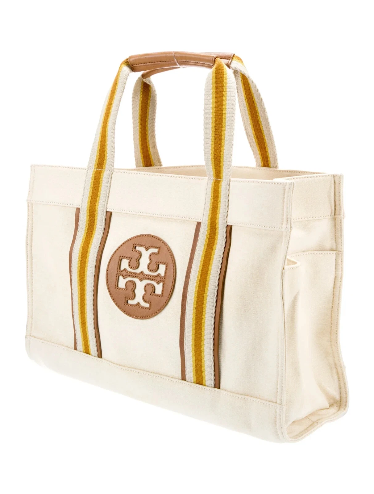 Borsa Tory Burch tela panna giallo marrone manico superiore borsa righe neutra