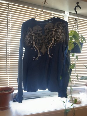 Affliction Men s Blue Long Sleeve Knit Graphic Skull Crew Neck T-Shirt M