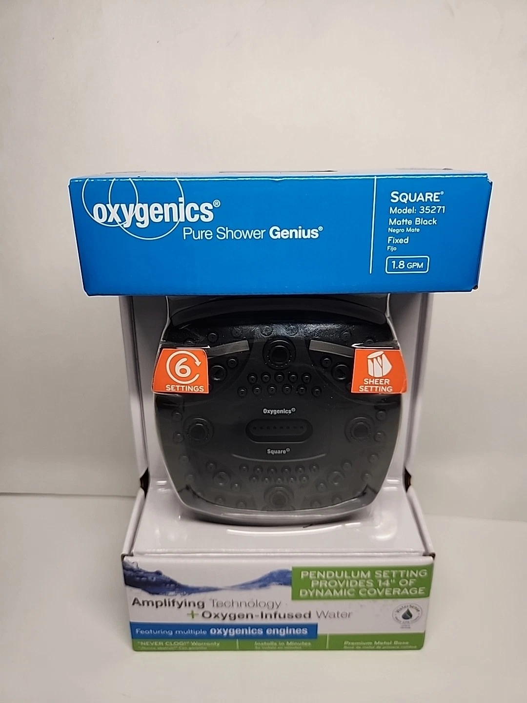 Oxygenics 6.0 Spray Matte Black 4.5-in Square High Pressure Shower Head 1.8 GPM