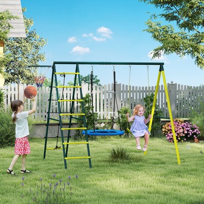Outsunny Kinderschaukel-Set Schaukelgerüst mit Basketballkorb, Kletterleiter