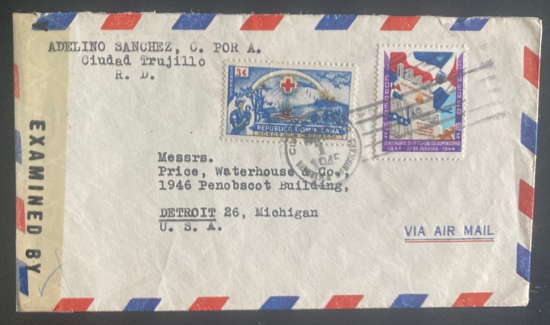 1945 Trujillo Dominican Republic Censored Airmail Cover To Detroit MI Usa