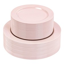 100PCS Pink Plastic Plates - Heavy Duty Pink Party set Disposable serve for 5...