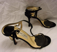 Jimmy Choo Sling Back Strapy, Open Toe Black Rhinestones Size 37 1/2 VGC