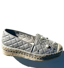 EUC Karl Lagerfeld Desta Quilted Pearl-Accent Silver Espadrille Slip-On, 37, 6.5