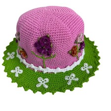 Handmade Crochet Kids Bucket Hat 2-4Y Unisex Pink Green Flower Ruffle Trim