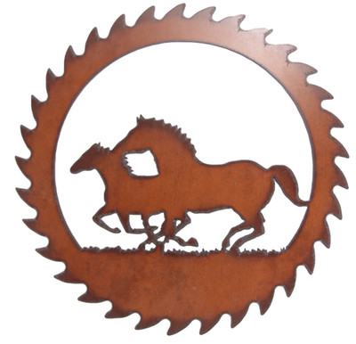 Two Running Horses in Saw Frame   Rustic Metal Decorative Sign