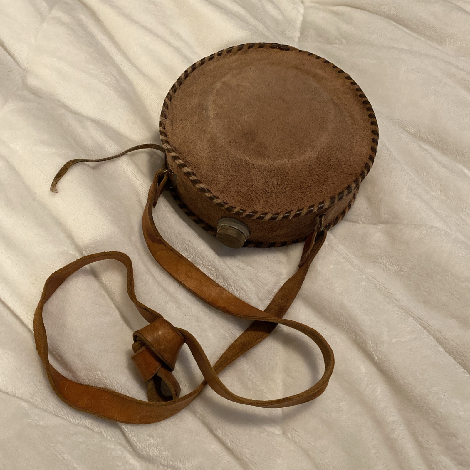 Vintage 9” Metal Canteen Water Bottle W/Wooden Stopper Braided Leather Trim