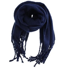 Warm Thick Fluffy Navy Blue Soft Plain Wide Winter Scarf with Tassels