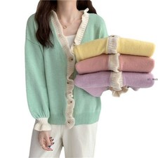 Lady Sweater Knitted Coat Jacket Cardigan Top Ruffle Jumper V-neck Casual Warm