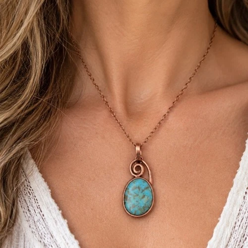 Signed Robin Solid Copper Pendant Turquoise Blue Stone Boho Artisan Southwestern - product listing photo