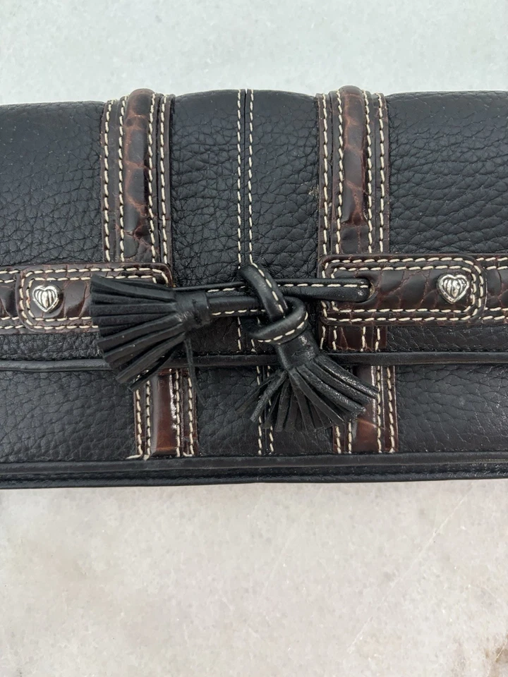 Brighton Brown & Black Pebbled Leather Wallet Card Wallet Rope Bow Trifold - Image 2 of 4