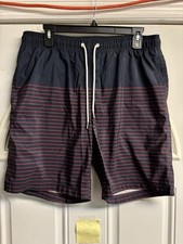 Lands' End Men's Navy Red Striped Swim Shorts M Elastic Waist Drawstring Lined