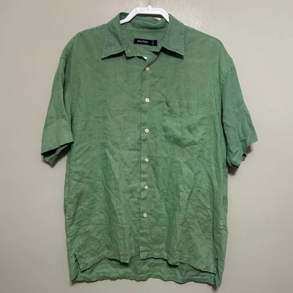 Nautica Mens Linen Short Sleeve Button Down Shirt Green Size L - Image 4 of 4