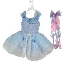 Girls Blue Sequin Tutu Ballet Dress Princess Costume with Butterfly Hair Bow